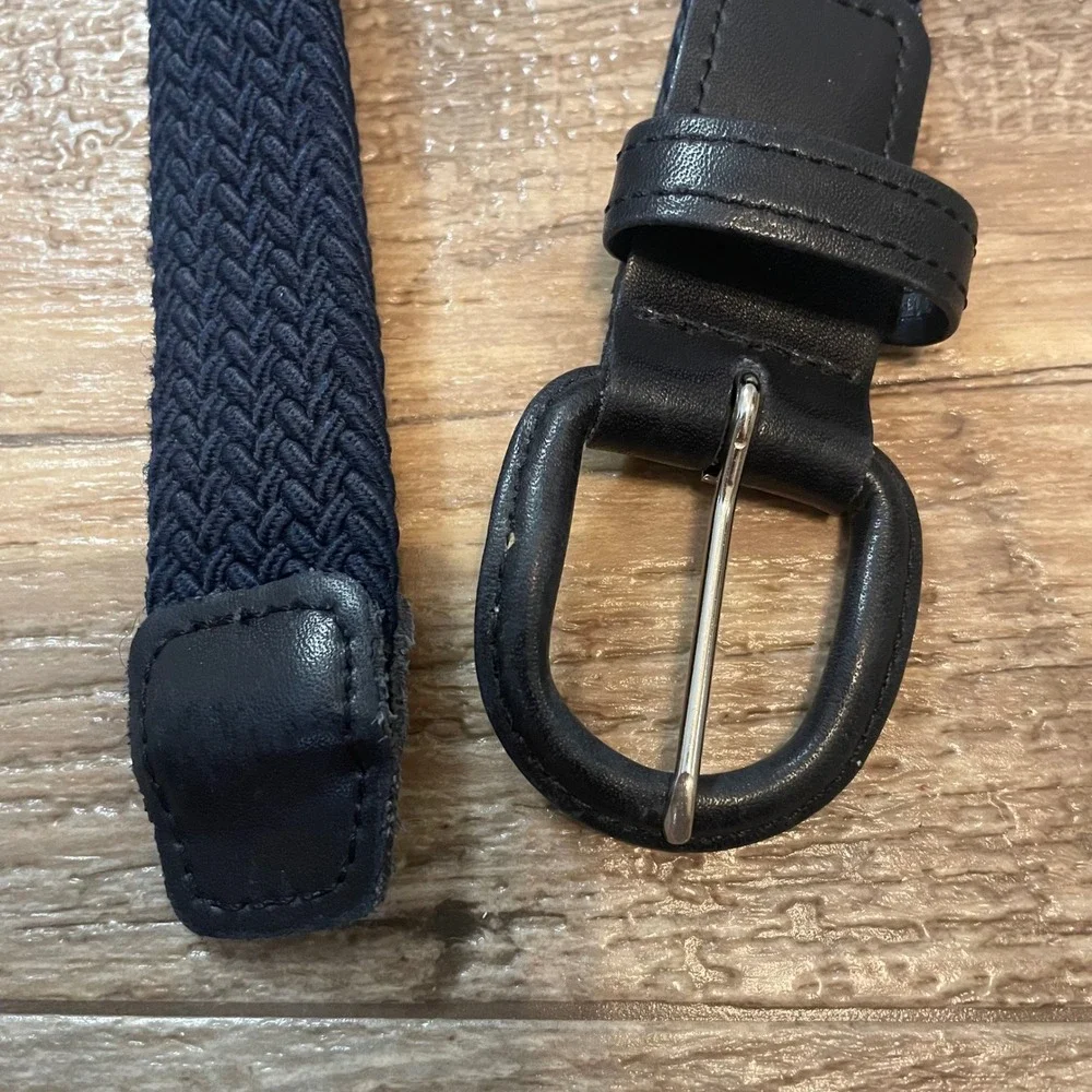 Vintage‎ Navy Blue Braided Elastic Stretch Belt Leather Buckle USA M 34-36